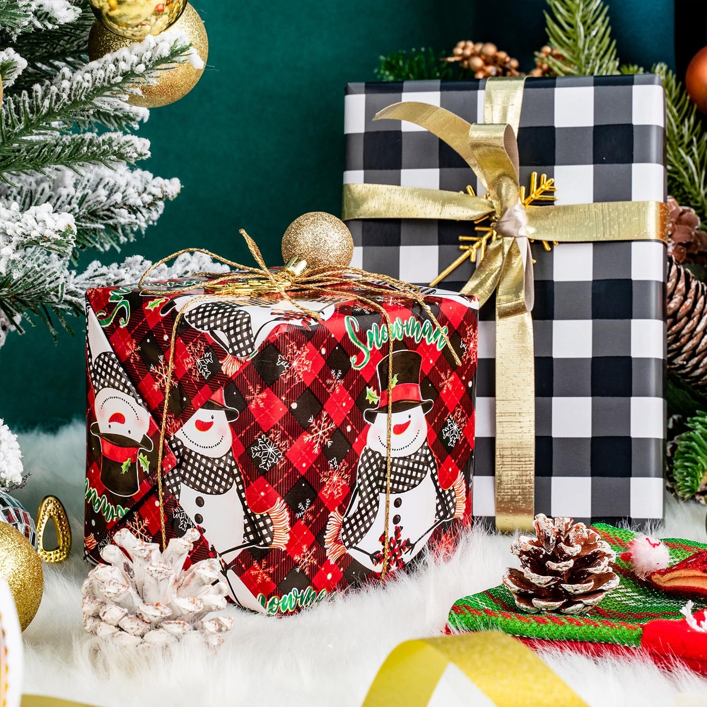 LeZakaa Christmas Wrapping Paper Mini Roll, Snowman & White Black Buffalo Plaid Xmas Reversible Design, Holiday Party Gift Wrap for Kids Boys Girls, 17 in x 32.8 Ft