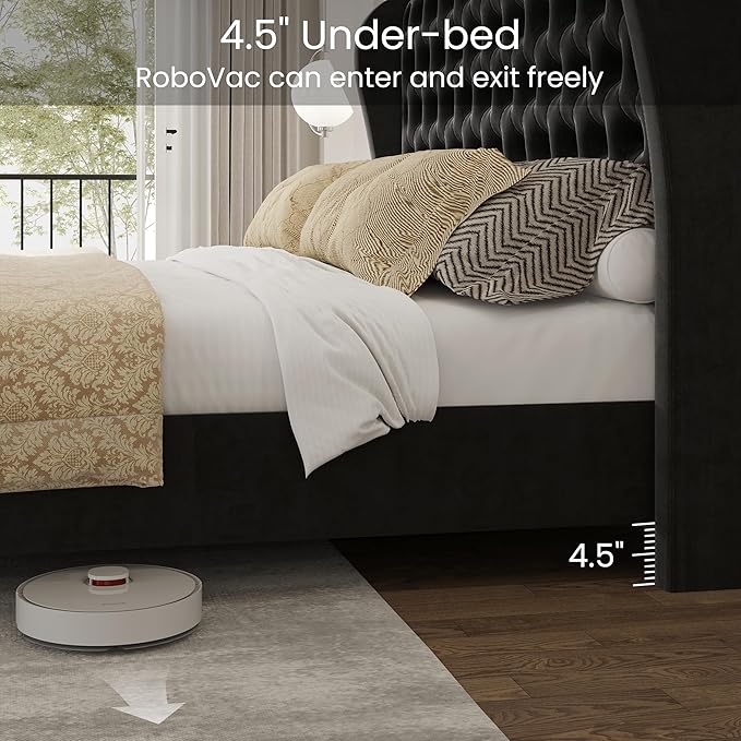 LARMACE King Size Bed Frame Velvet Upholstered Platform Bed