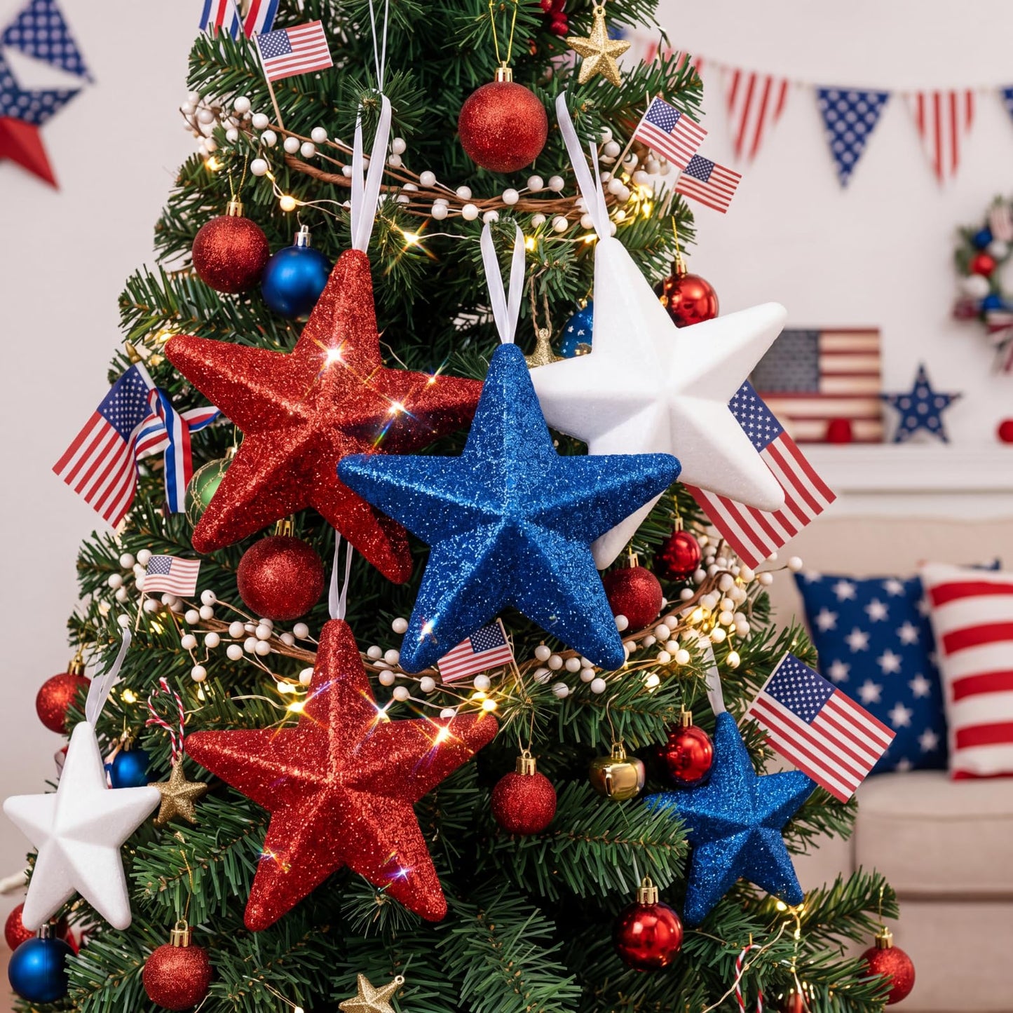 24 Pcs 4th of July Large Star Ornaments, 4.3 Inch Patriotic Hanging Glitter Star Red White Blue Tree Decor for Independence Day, 250th Anniversary, Memorial Day Home Party Decor