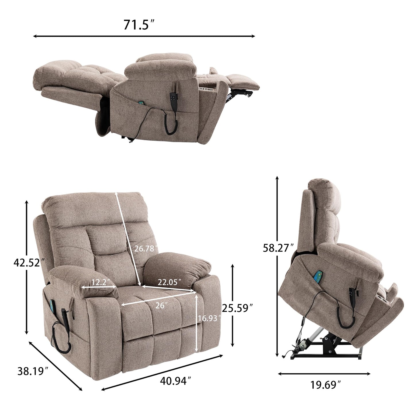 GDFStudio Oversized Power Lift Recliner Chair with Dual OKIN Motors Heat and Massage Lay Flat 180 Degree Electric Reclining Sofa Chair with Cup Holders and Dual Remote, Light Brown