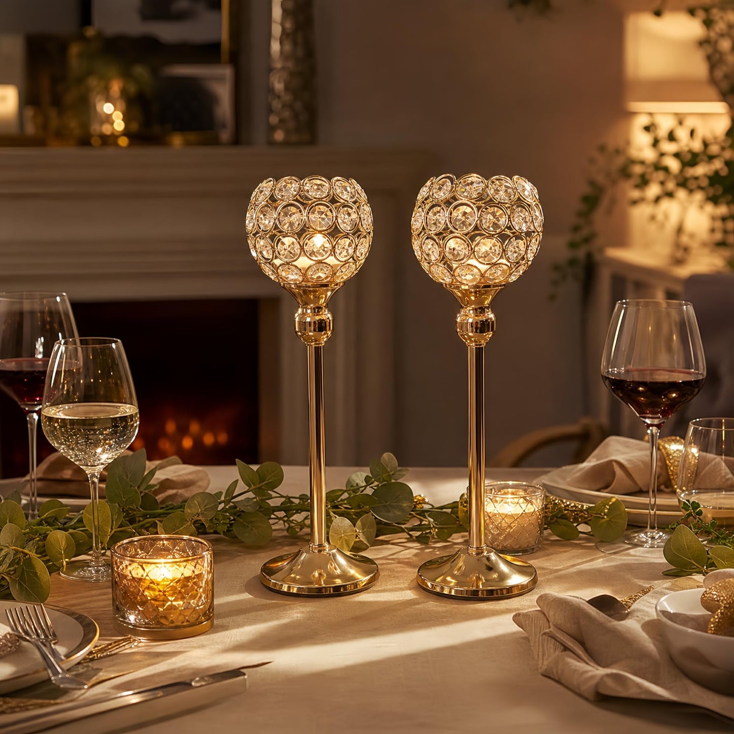 VINCIGANT Gold Crystal Candle Holders Set of 2 for Fireplace Coffee Table Mantle Decor,Wedding Home Halloween Decoration Centerpieces