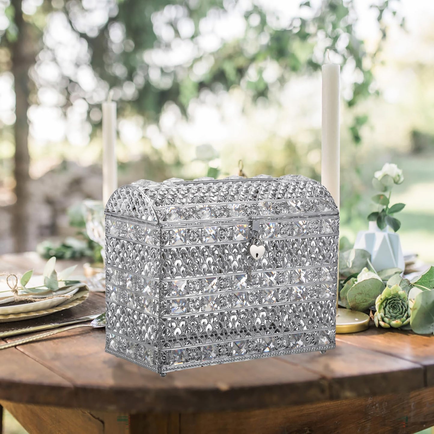 JUXYES Silver Sparkle Crystal Wedding Card Box With Lid for Reception, Gorgeous Treasure Chest Style Keepsake Envelope Box 12 Inches Large Card Receiving Box for Wedding, Reception, Birthday Party