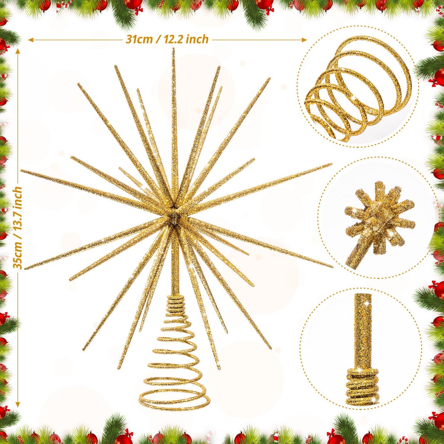 13.7 Inch Gold Christmas Tree Topper - 3D Burst Gold Tree Topper, Exploding Star Christmas Tree New Year Holiday Tree Decoration