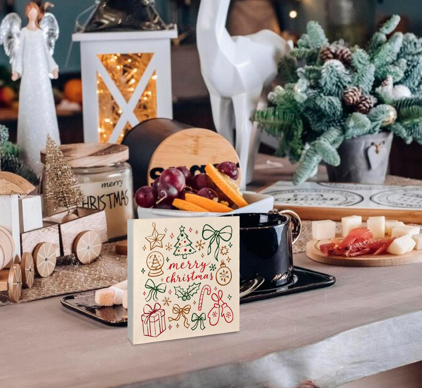 KEUSPI Retro Merry Christmas Wooden Box Sign, Girly Christmas Decor, Boho Xmas Bow Holly Jolly Wood Box Block Sign for Home Office Desk Tabletop Shelf Decoration 5x5 Inch