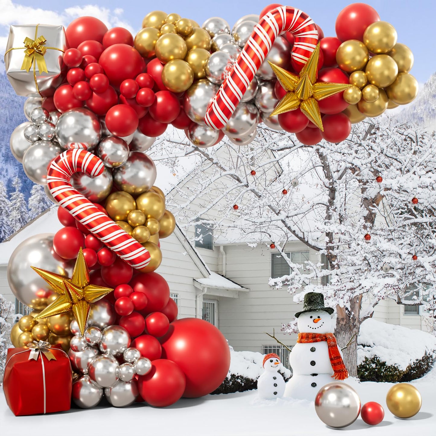 Bonropin Christmas Balloon Garland Arch Kit - Xmas Red Gold Silver Candy Cane Balloons Gift Box Starburst Balloons for New Year Winter Christmas Party Decorations
