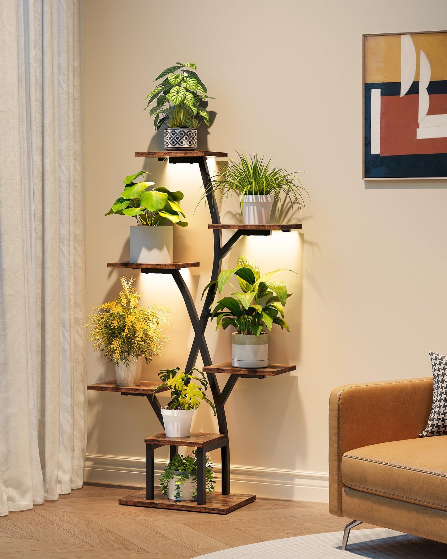 CHOEZON Plant Stand Indoor with Grow Light, 7-Tier Flower Plant Holder, 46.5” Tall Corner Plant Display Rack, Dimmable Grow Light with Timer, Rustic Brown and Black TCJ40DBF
