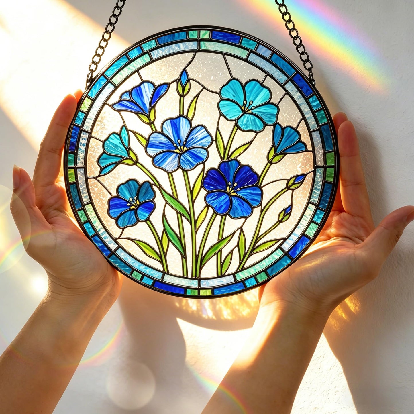 Stained Glass Window Hanging, 7.8 Inch Blue Flower Suncatcher, Blue Botanical Window Decor, Stained Glass Ornaments for Windows, Doors & Home Decor, Mother's Day Birthday Gift for Mom, Garden Lovers