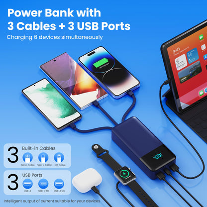 Portable Charger 50800mAh Power Bank with 3 Built in Cables,25W PD QC4.0 Fast Charging USB C Battery Pack,6 Outputs 2 Inputs Travel Essentials Portable Phone Charger for iPhone 17/16/15,Google,Android