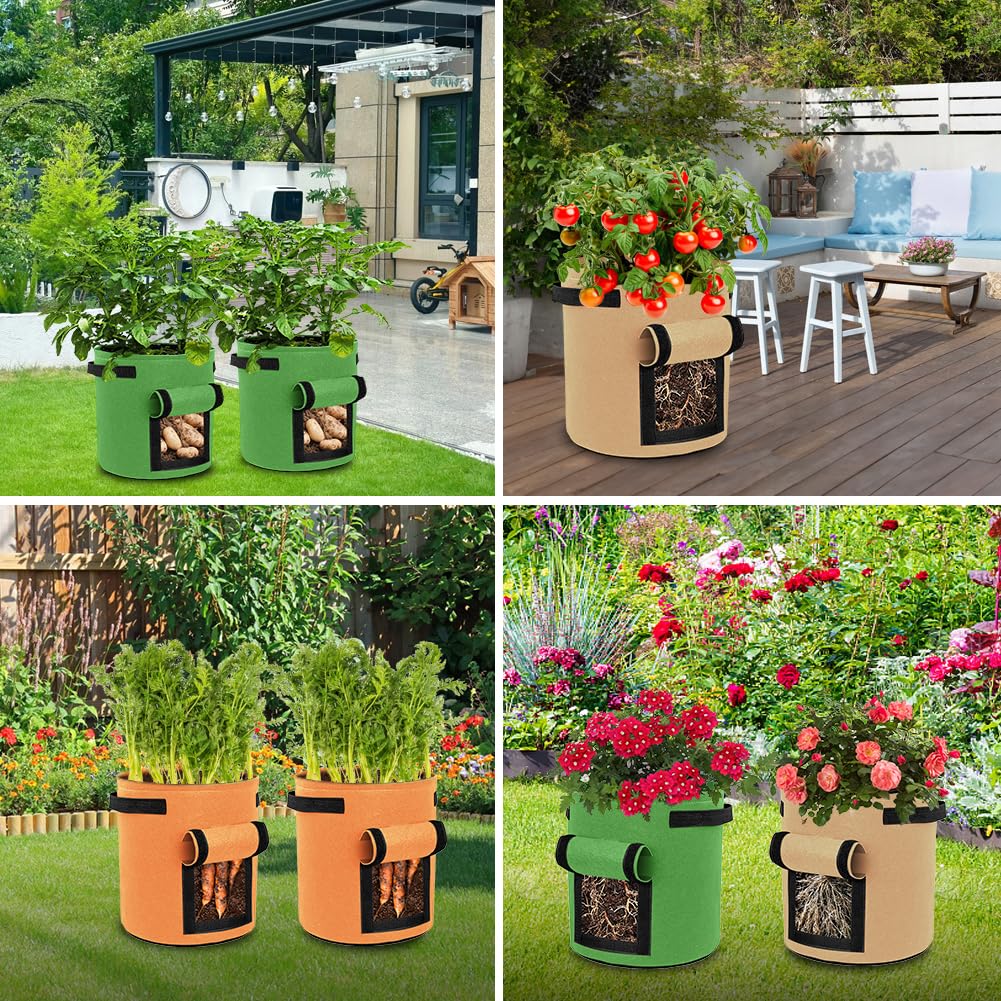 kuchisity 9 Pack 15 Gallon Potato Growing Bags, Colorful Garden Planting Bag with Handle and Harvest Window, Nonwoven Aeration Fabric Growing Bags with Flap for Tomatoes, Vegetables, and Fruits