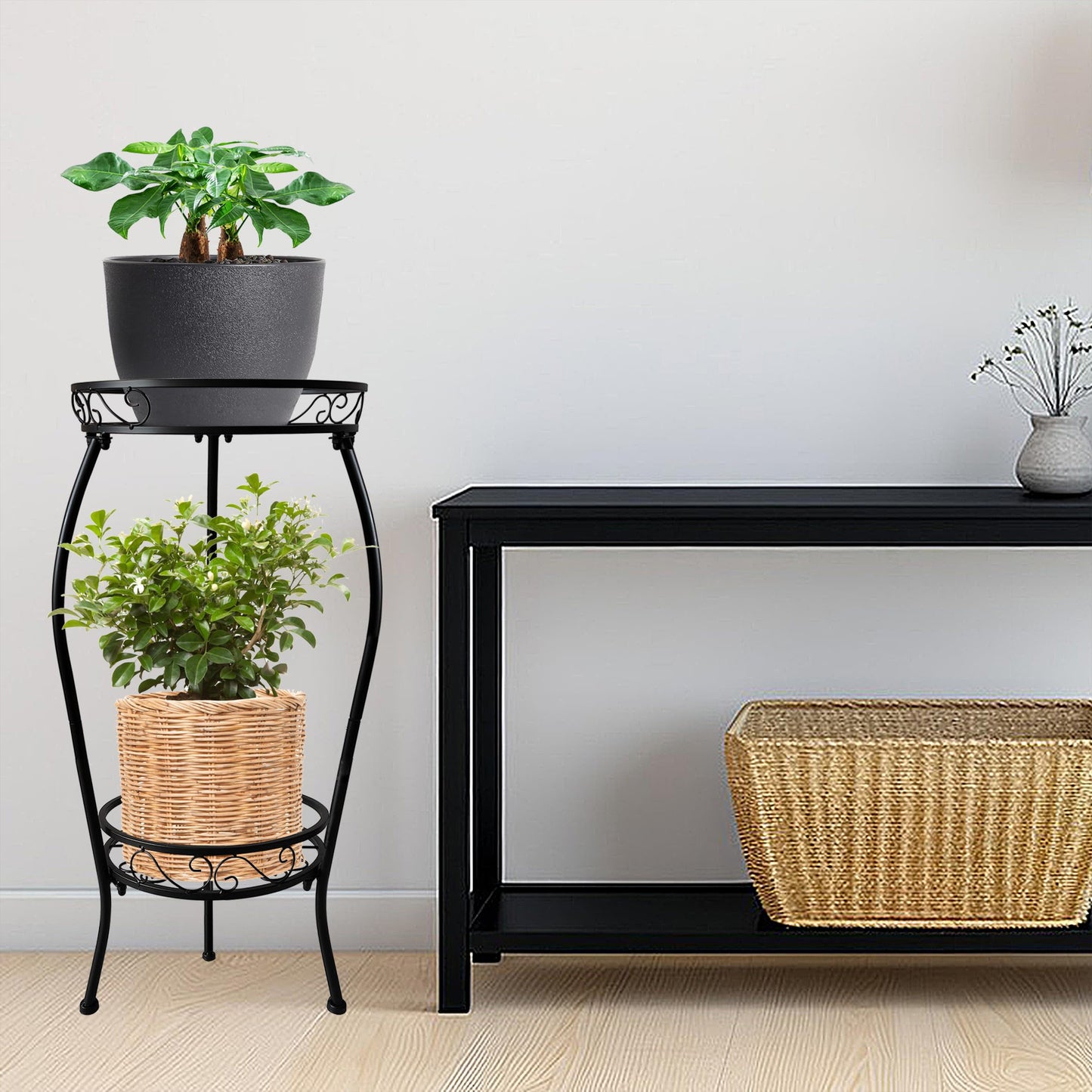 NOAMOO Metal Plant Stand 2 Tier Indoor Outdoor, Tall Flower Pot Shelf Rustproof Stable Heavy Duty Corner Stand, 28 inch Multiple Plant Display Rack for Living Room Patio Balcony Garden