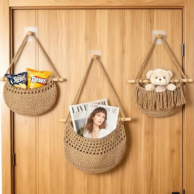 3 Tier Hanging Fruit Baskets for Kitchen, Boho Cotton Rope Handwoven Vegetable