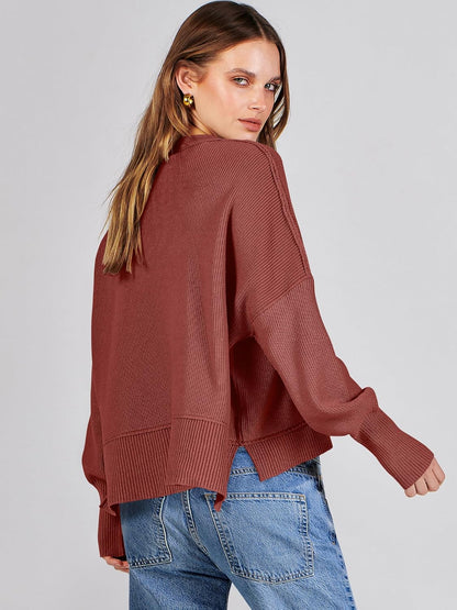 ANRABESS Womens Cropped Sweaters Oversized Crewneck Long Batwing Sleeve Side Slit Ribbed Knit Pullover Tops 2025 Fall Clothes