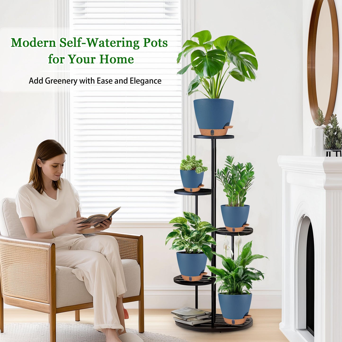 Self Watering Pots for Inoor Ourdoor Plants 8/7/6.5/6/5 Inch Plastic Planters with Drainage Holes & Water Level Indicator, Decorative House Flower Nursery Planting Pots with Saucers (Navy Blue)