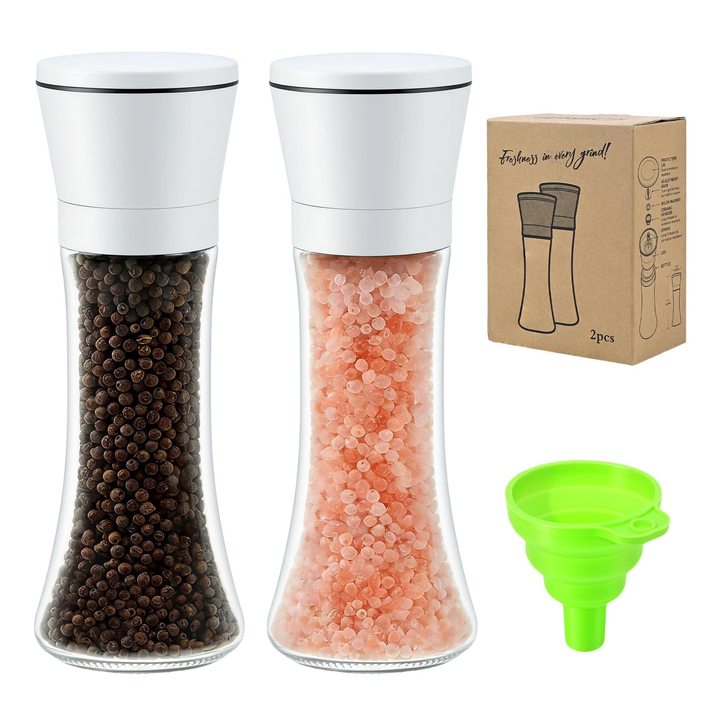 R DRURLCD Premium White Sea Salt and Pepper Grinder Set of 2 - Adjustable Ceramic - Glass Salt and Pepper Shakers - Kitchen Pepper Mill & Salt Mill W/Funnel