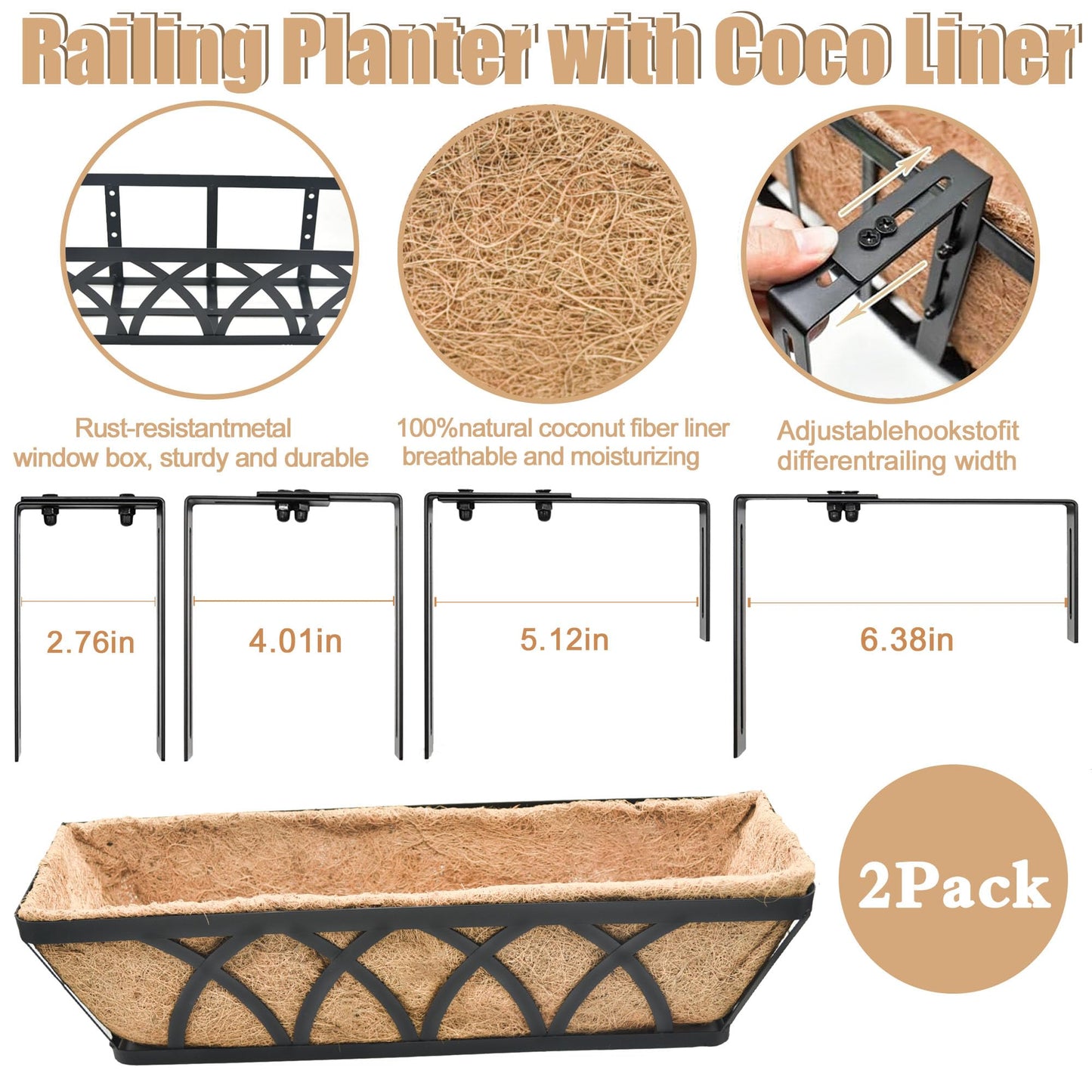 ZVOWOS Flat Railing Planter Window Box 2 Pack 30" Horse Trough Planter with Coco Fiber Liner Metal Window Planter Box Deck Balcony Rail Planter for Outdoor Porch Fence Patio