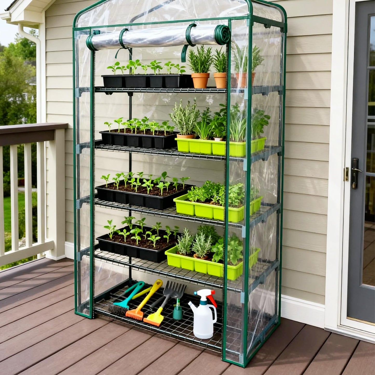 Greens Word Small Greenhouse for Outdoors, Indoor Mini Greenhouse with Plastic Cover, Portable 5 Tier Plant Shelves, Green Houses for Outside Backyard, Winter Plants Warmer, Green, 19″x40″x75″