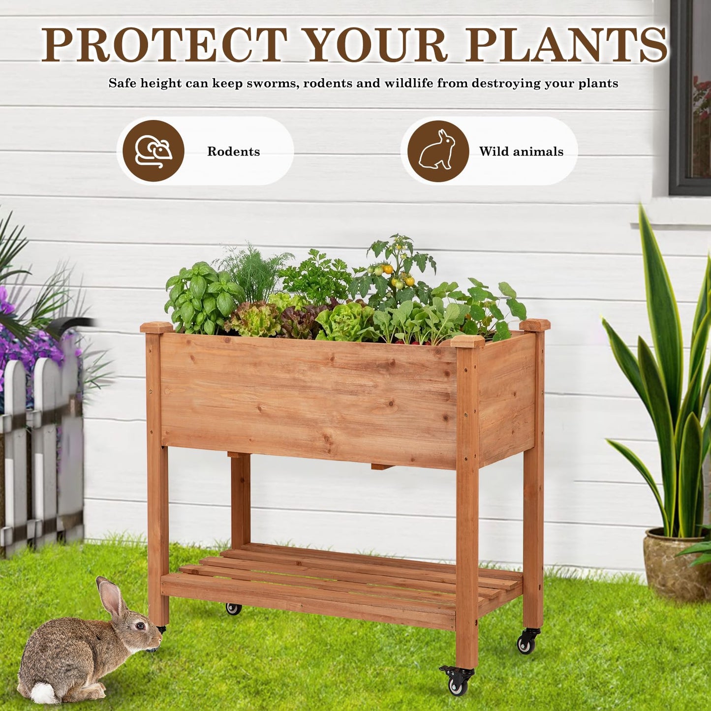 Nature Crafted Raised Garden Bed with Lockable Wheels, 32x16x32 inch Elevated Wood Planter with Storage Shelf Protective Liner for Vegetable Flower Herb Outdoor Balcony Patio Backyard, Brown