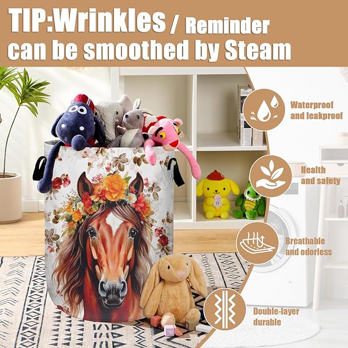 Watercolor Horse Laundry Basket, Foldable Waterproof Animals Floral Laundry