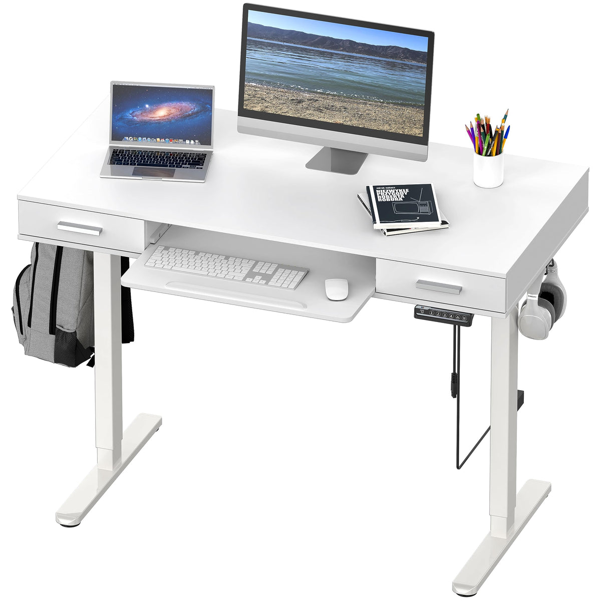SHW 48-Inch Electric Height Adjustable Desk with Keyboard Tray and 2 Drawers, White