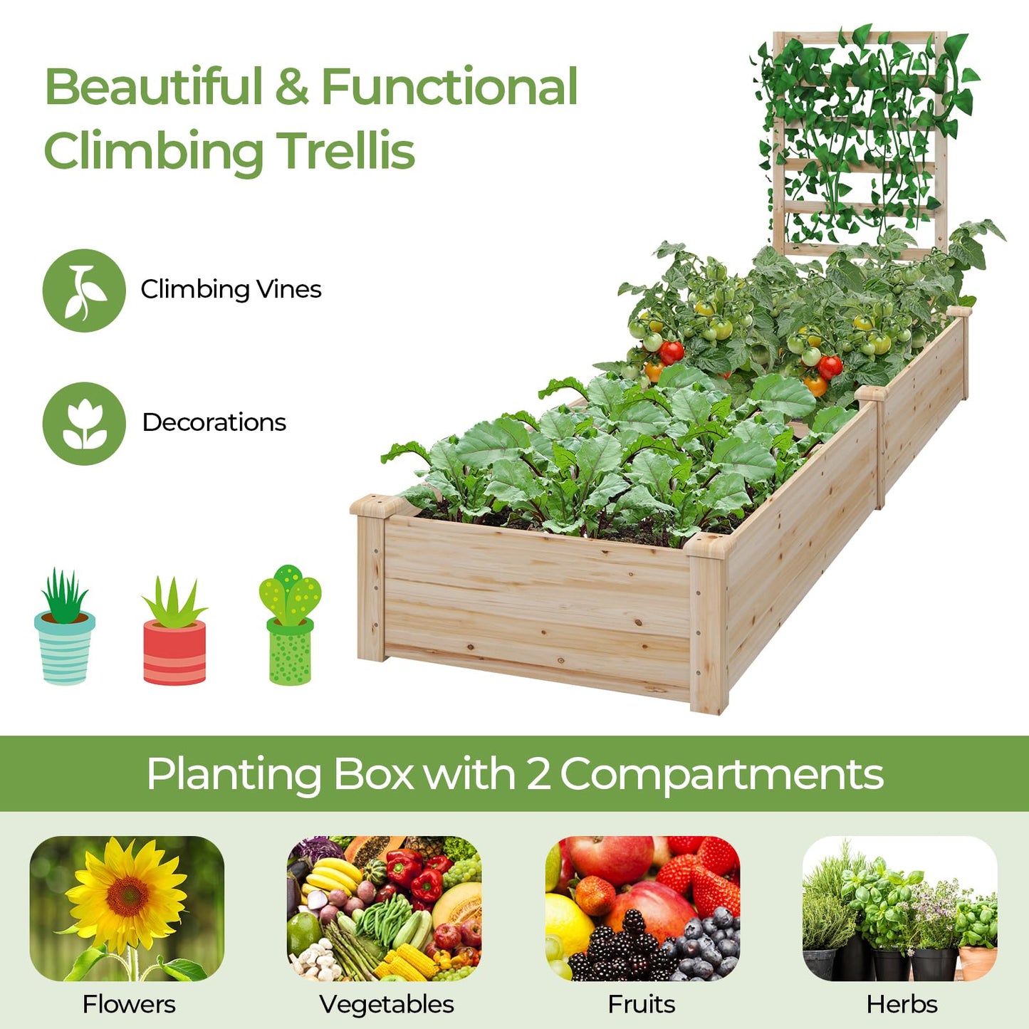 S AFSTAR Raised Garden Bed with Trellis & Planter Box, 93" L x 25" W x 40" H Outdoor Wooden Planter Box Kit for Flower Herb Vegetable Fruit Climbing Vines, Elevated Gardening Bed for Garden Patio