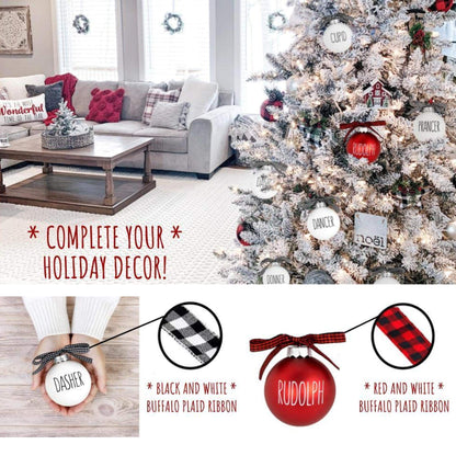 Buffalo Plaid Christmas Tree Ornaments - Set of 9 Shatterproof Bulbs - Farmhouse Reindeer Ornaments with Buffalo Check Bow - Compatible with Rae Dunn Rustic Decorations - Matte White & Red for Rudolph