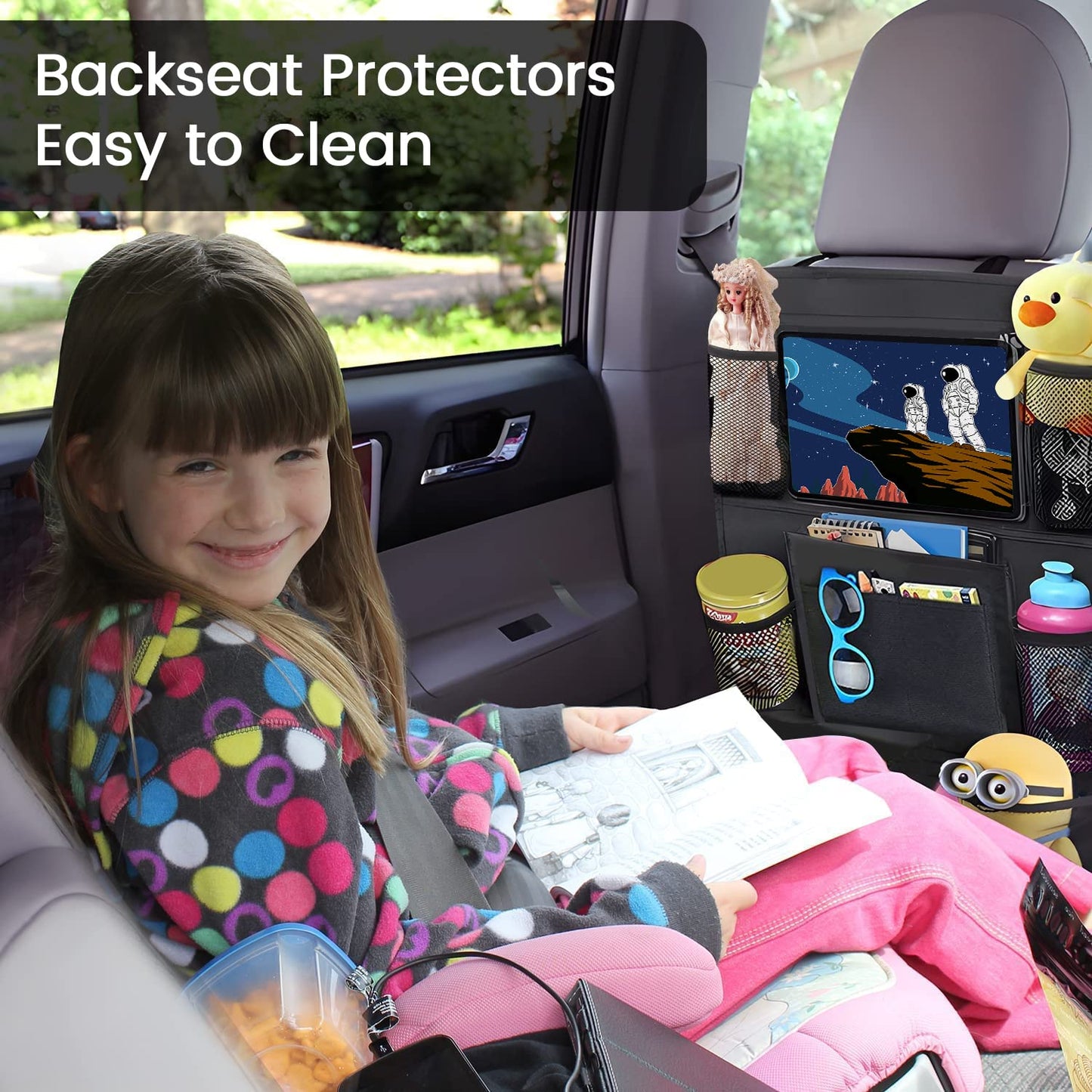 ACELIFE Car Organiser,Car Seat Organiser for Kids 2pcs, BackSeat Protector with 10" iPad Tablet Holder,Car Tidy Organiser With Kick Mat & 9 Pockets for bottles,toys,books,Car Accessories for Toddlers