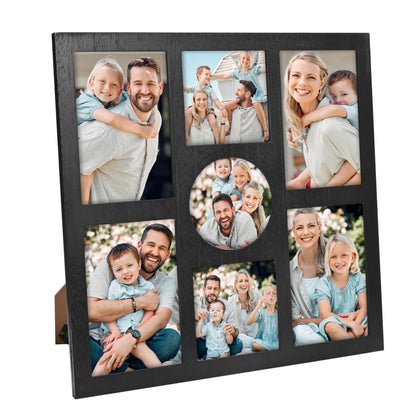MONT PLEASANT Picture Frame Collage for 4x6 and 4x4 Photos - 7 Openings Black Frame Wall Decor for Tabletop Stand and Wall Mounting - Home and Family Display