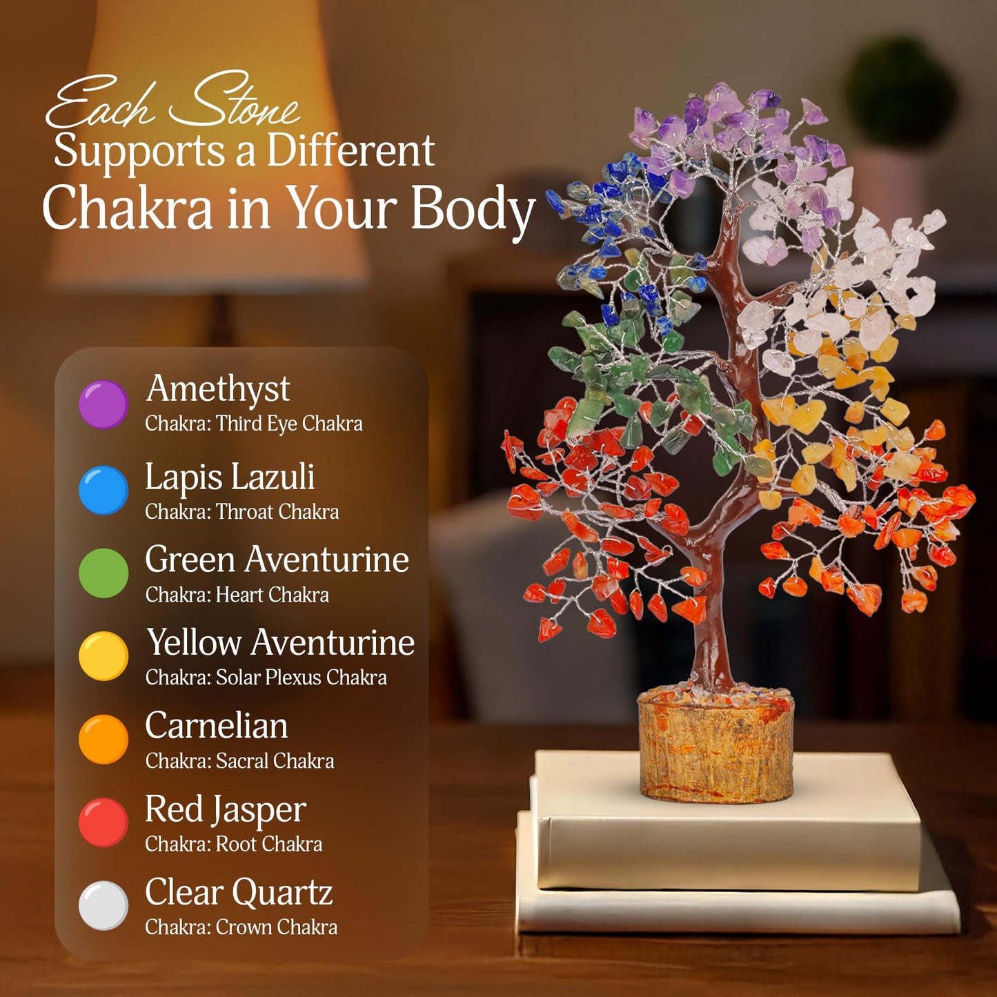 Yatskia Chakra Tree of Life - Crystals and Healing Stones - Feng Shui Decor - Meditation Accessories - Gift for Spiritual People - Handmade Crystal Tree with Seven Natural Chakra Crystals