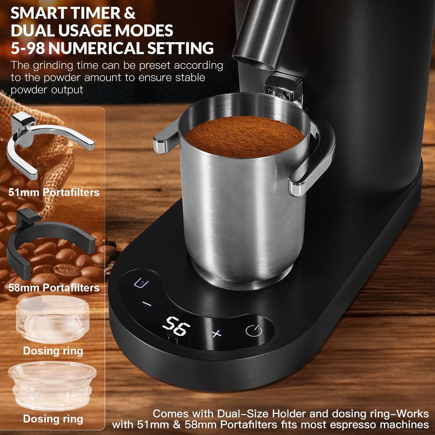 Coffee Grinder, Rechargeable Cordless Stainless Steel Conical Burr Coffee Bean Grinder with Air Blower, 60 Grind Settings, Anti-Static, Compact & Quiet for Home,Office, Camping Use, Black