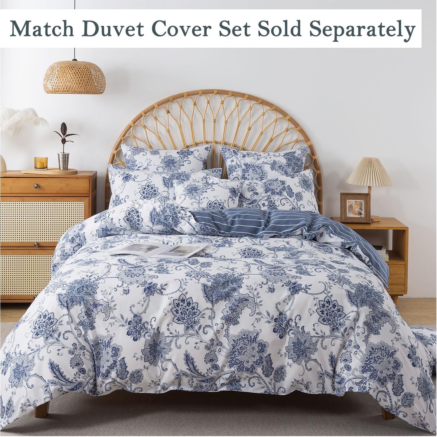 FADFAY Queen Sheets Set Percale Cotton Floral Bed Sheets Deep Pocket Fitted Sheet, Luxury Blue Floral Pattern Classic European Style Bedding for All Season, Super Soft Crisp & Breathe,4Pcs