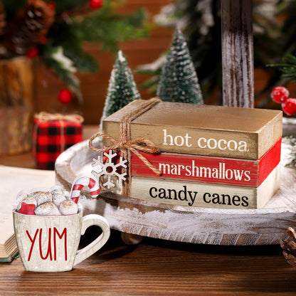 Anglechic 4 Pcs Christmas Table Decorations Winter Snowflake Tiered Tray Decorations Decorative Mini Wooden Books Subject Signs Block Centerpiece for Office Tabletop Shelf Housewarming Gifts