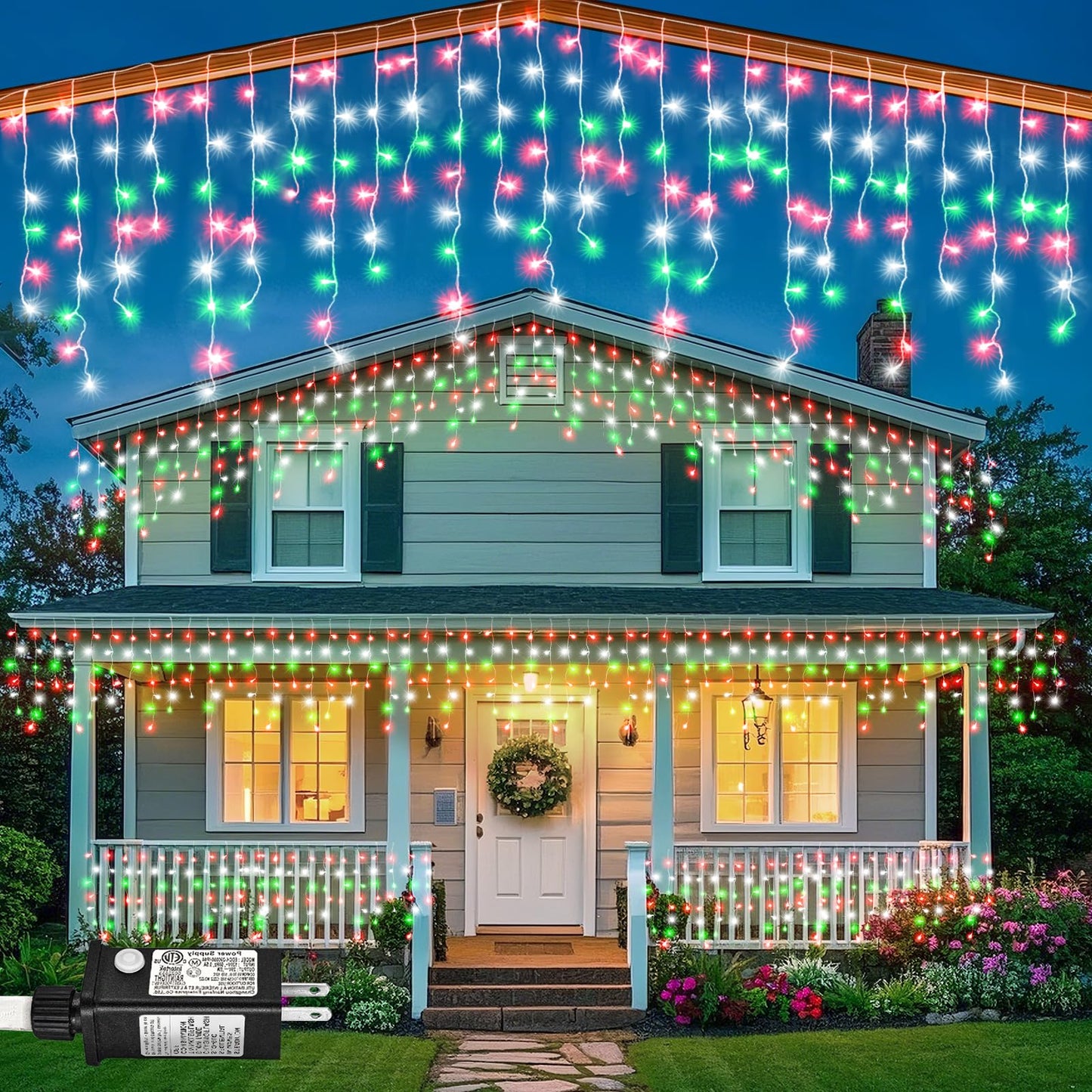 66ft Icicle Lights for Outside, Red White and Green Christmas Lights Outdoor Indoor, 640 LED Twinkle String Light with 120 Drops, Clear Wire Connectable Timer for Thanksgiving Room Home Wall Bedroom