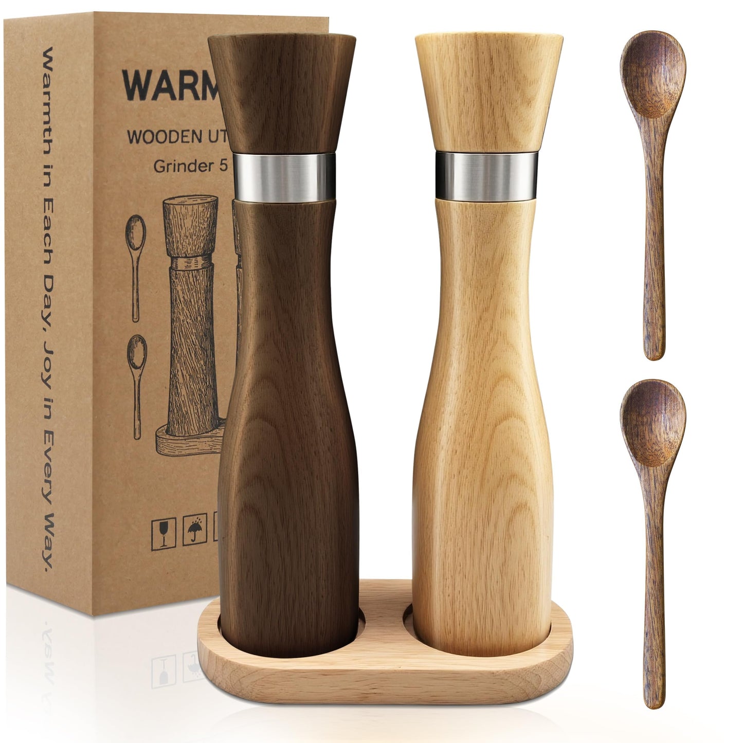 WARMKEY Kitchen Wooden Salt and Pepper Grinder Set: Refillable Salt & Pepper Mills Adjust for Customized Coarseness, 9" 5PC with Tray & Spoons,Non-Slip Base-Kitchen Counter Decor