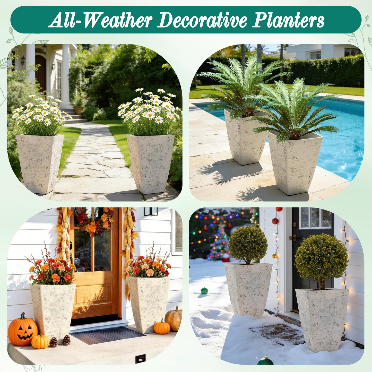 Autodaya 19" Plant Pots Tall Planters for Plants Outdoor Set of 2 Large Square Flower Pots Indoor Front Porch Decor Garden Pot with Drainage Hole Handmade Birch Bark Texture for Patio, Country White