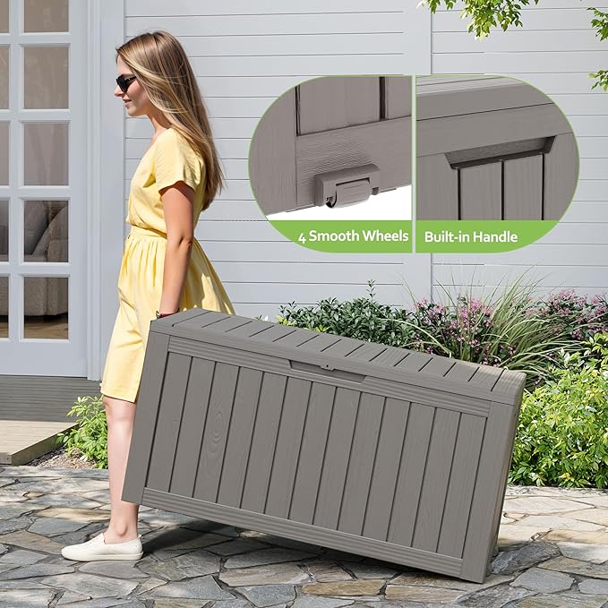 Outdoor Storage Box, Resin Deck Boxes Indoor and outdoor, Waterproof Storage Box Lockable Lid (Grey, 75 Gallon)