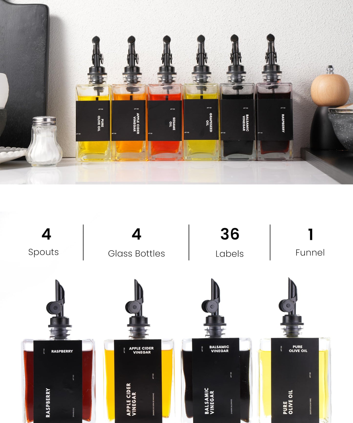 APT 1101 Olive Oil Dispenser for Kitchen, Cooking Oil and Vinegar Dispenser Set, Olive Oil Bottle, Soy sauce dispenser, coffee syrup bottles with stainless steel pourers - 4 pcs, Black (Black)