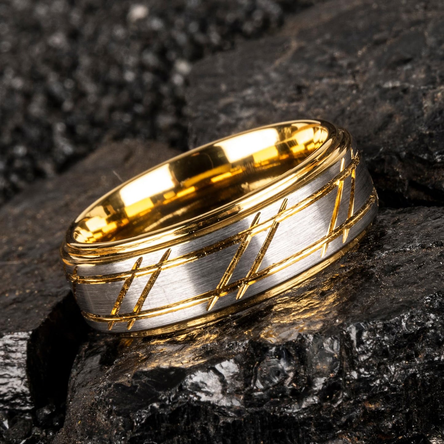 JEWPER 8mm Men Womens Wedding Band Tungsten Rings Gold Fashion Promise Carbide Silver brushed groove design on the outer ring Matte Finish Edge Comfort Fit size(9)
