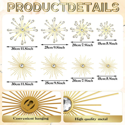 Blulu 8 Pcs Gold Metal Wall Art Cast Iron Starburst Wall Decor Bling Crystal Sculptures Living Room 3D Teardrop Radial Rhinestone Hanging Diamond Accents for Home Office Bedroom Entryway