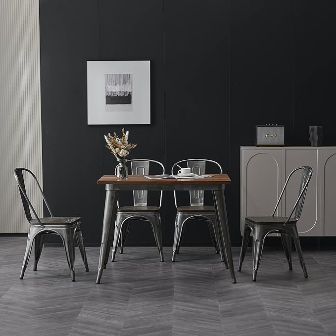 Nazhura Metal Dining Chair Farmhouse Tolix Style for Kitchen Dining Room Patio, 18 Inch, Stackable, Waterproof Indoor/Outdoor (Sets of 4) (Brushed Metal with Wood Padding)