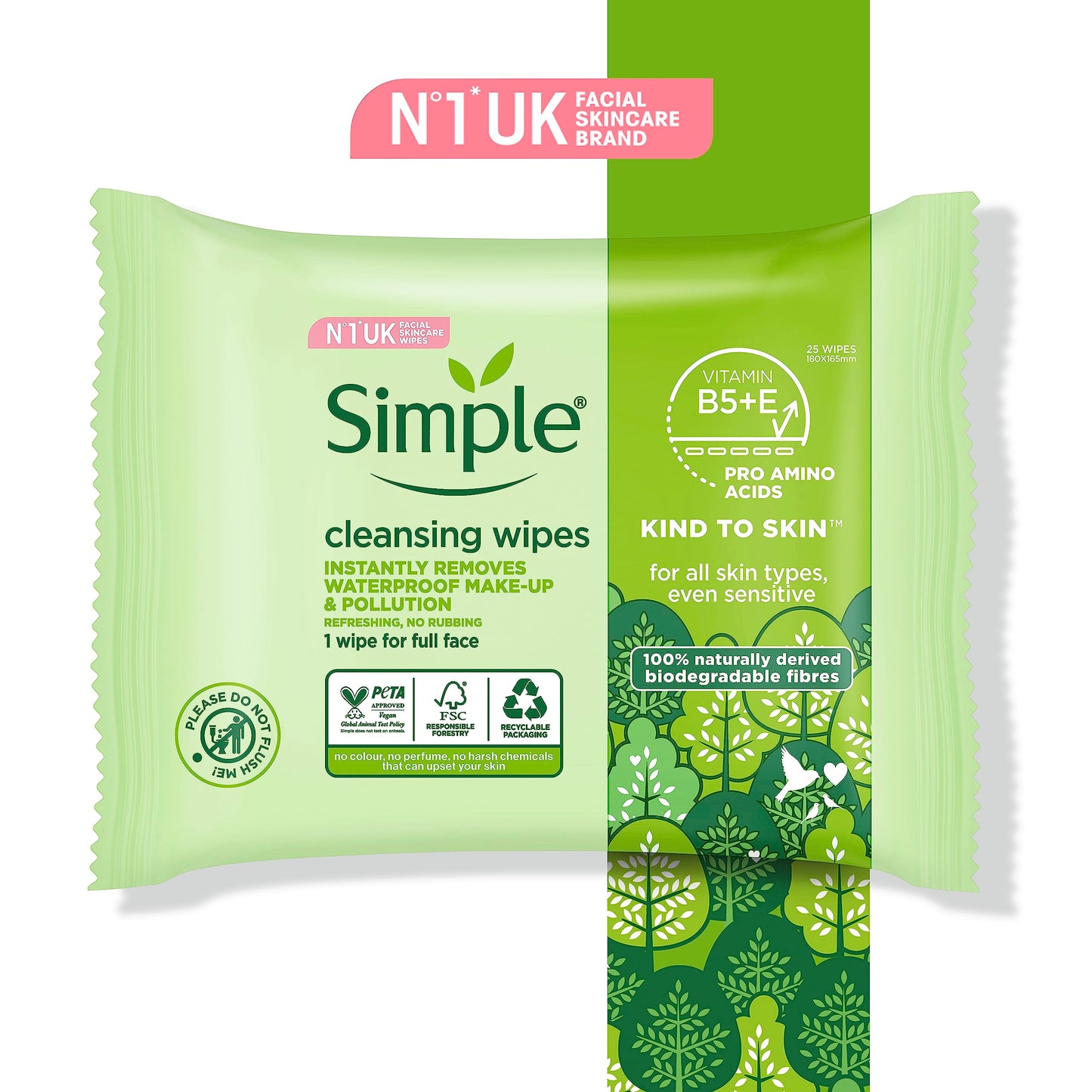 Simple, Kind to Skin, Biodegradable Cleansing Wipes with Vitamin B5, Vitamin E and Pro Amino Acids, 75 Pack