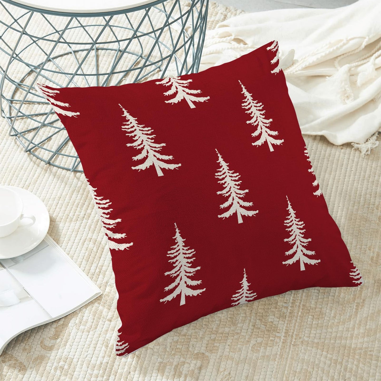 CXMEIFLY Christmas Pillow Covers 18x18 Inch Set of 2 Red Cream Christmas Tree Decor Throw Pillows Winter Xmas Holiday Outdoor Cushion Cases for Couch Bed Decorations
