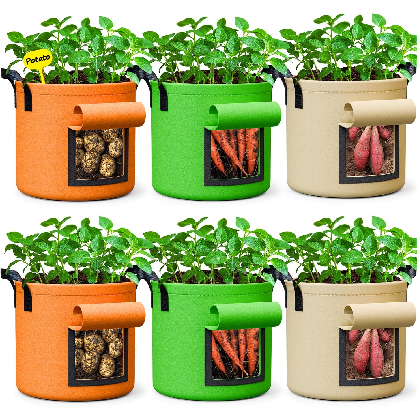 15 Gallon Potato Grow Bags - 6-Pack 350g Heavy Duty Thick Nonwoven Fabric Pots with Durable Handles, Large Potatoes Grow Bags 15 Gal with Flap, Aeration Fabric Containers with 6 Pcs Plant Labels