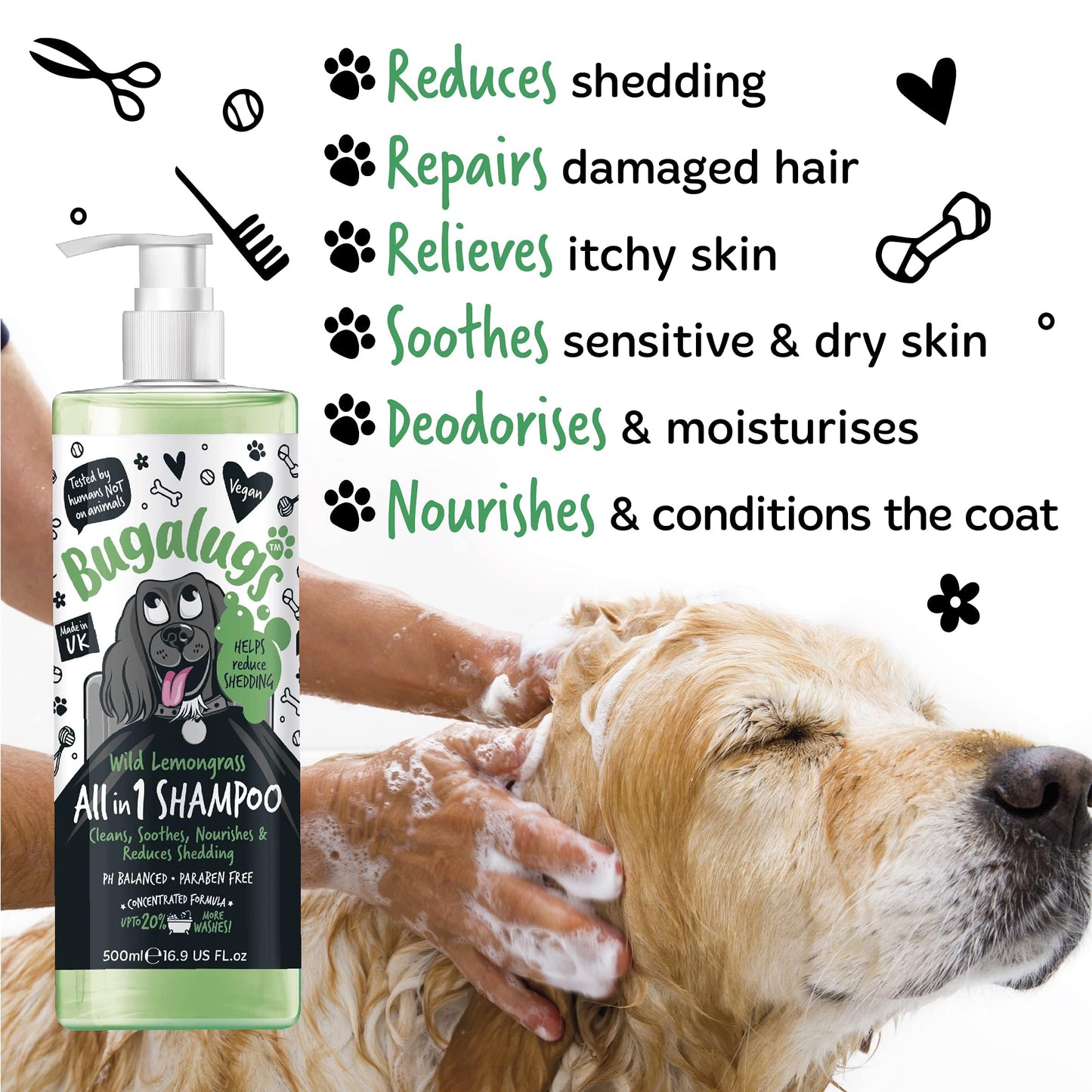 BUGALUGS Deshedding Shampoo for dogs works great alongside dog deshedding brush, de shedding dog shampoo