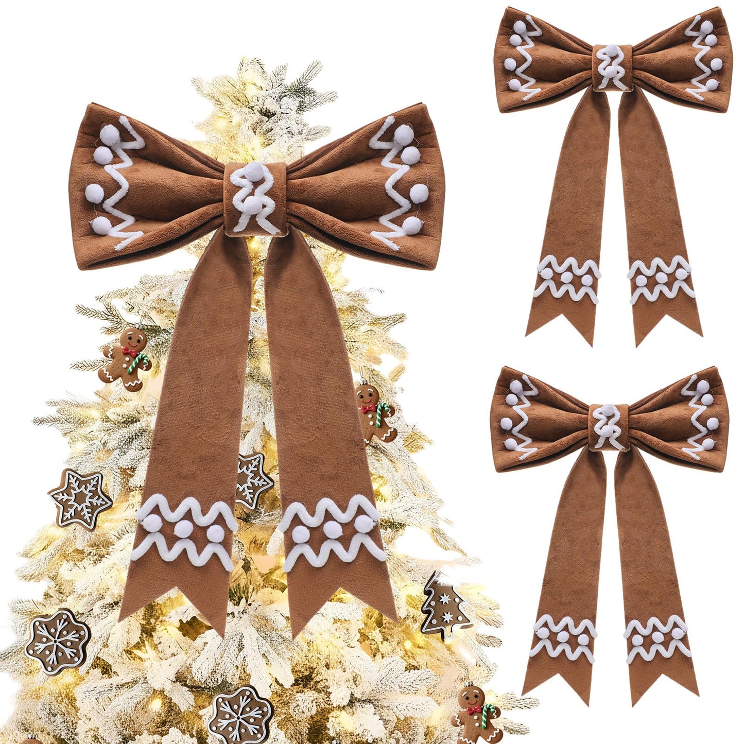 Suncalla 2 Pcs 19‘' Extra Large Christmas Gingerbread Tree Topper Wreath Bow Tree Topper Ornament Brown Plush Hanging Decor for Xmas Door Window Wall Wedding Party Decoration Supplies Gifts