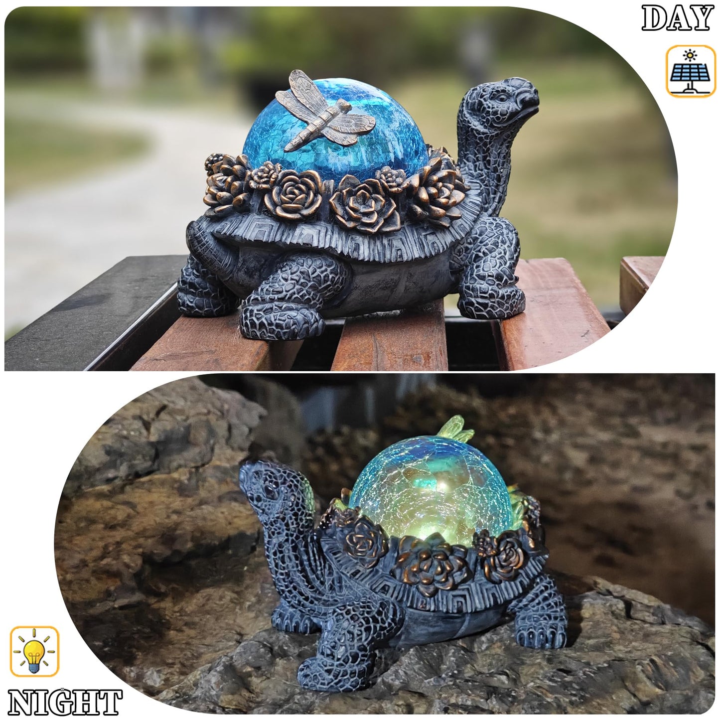 Vlyrofea Outdoor Turtle Statue – Resin Animal Figurine with Blue Crystal Solar Lights,Golden Succulent Accents & Dragonfly Decor, Cute Garden Ornament, Yard Art for Lawn, Patio,Mom Wife Unique Gifts