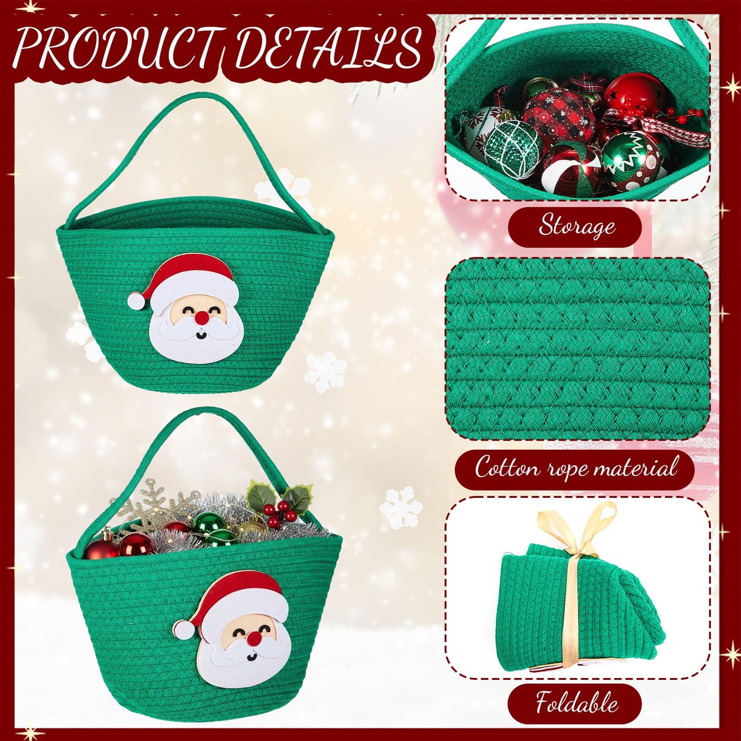 Sliner 4 pcs Christmas Woven Basket Empty for Gifts Woven Cotton Rope Basket with Christmas Xmas Decoration Storage with Handle for Baby Showers Snack Storage Xmas Decor Party Supplies Gifts