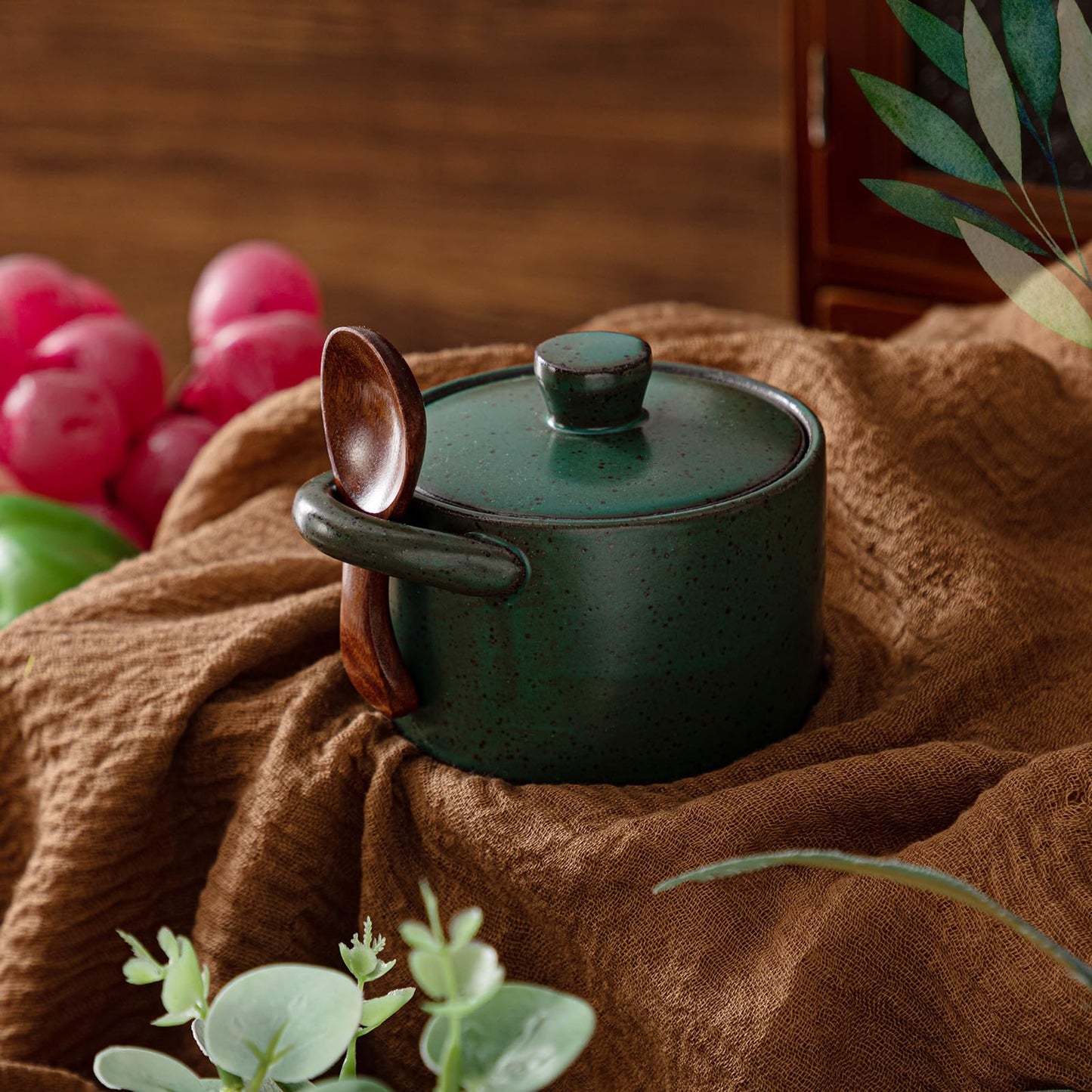 Honeydak 1 Set Speckled Ceramic Salt Cellar with Lid and Wooden Spoon, Rustic Farmhouse Salt Pepper Cellar Holder for Mothers Day, Housewarming Gift, Heavyweight Spices Jar (Green)