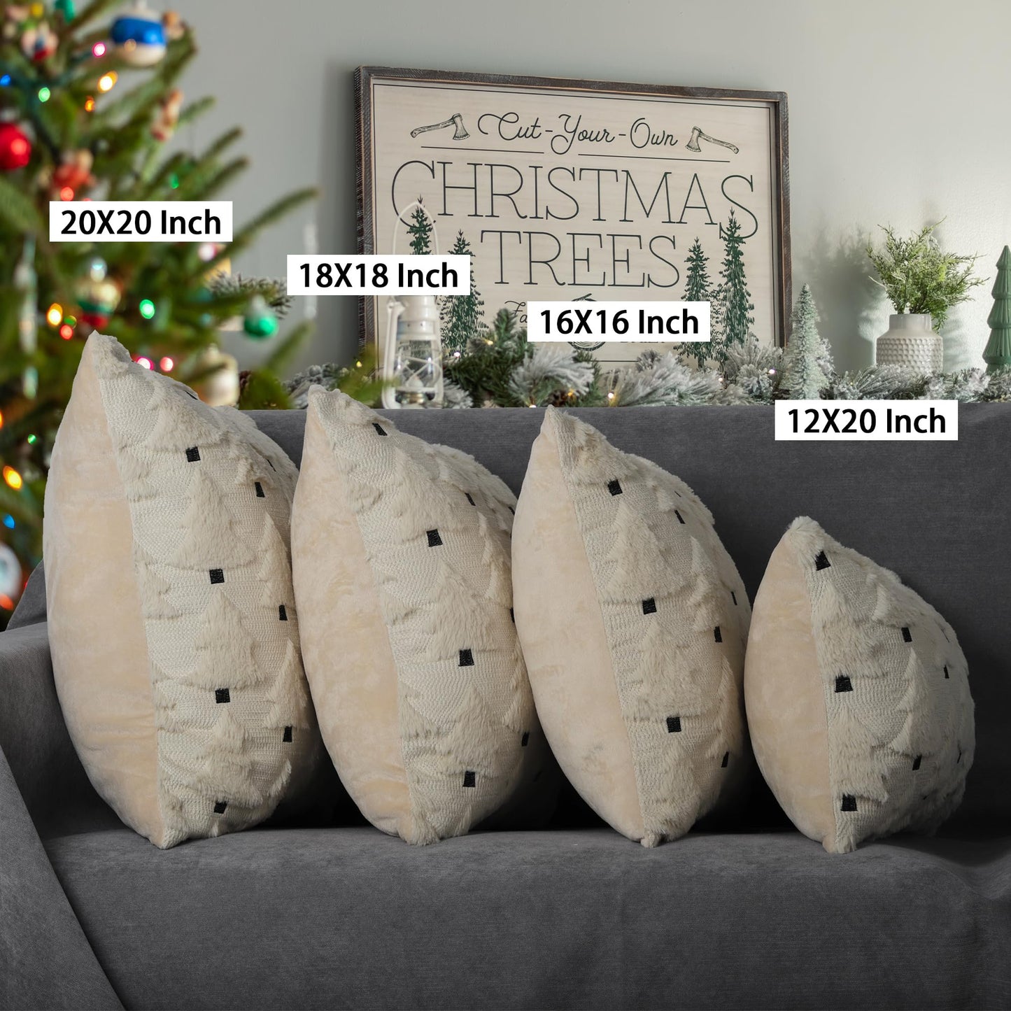 4TH Emotion Christmas Trees Decorative Pillow Covers 18x18 Set of 2, Beige Soft Plush Faux Fur Farmhouse Throw Cushion Cases for Xmas Winter Holiday Home Decor