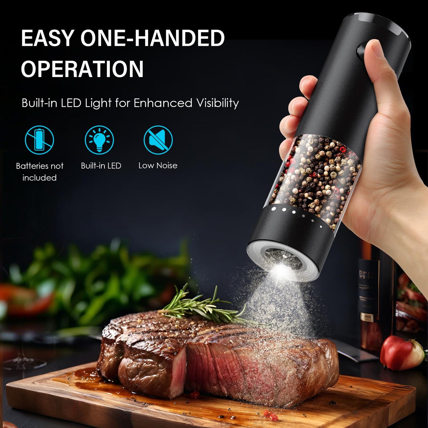 Electric Salt and Pepper Grinder Set, Automatic Salt and Pepper shakers with Upgraded 6-Level External Adjustable Coarseness, Battery Operated, Larger Capacity with Led for Home Kitchen (Black/Black)
