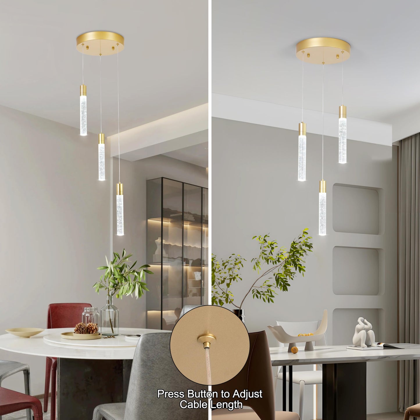 votag 3 Light Pendant Lights Kitchen Island,Modern LED Bubble Crystal Pendants with Dimmable 3000K-6000K Ceiling Hanging Light Fixture for Dining Room Bedroom,Gold Finish,Adjustable Height 59"